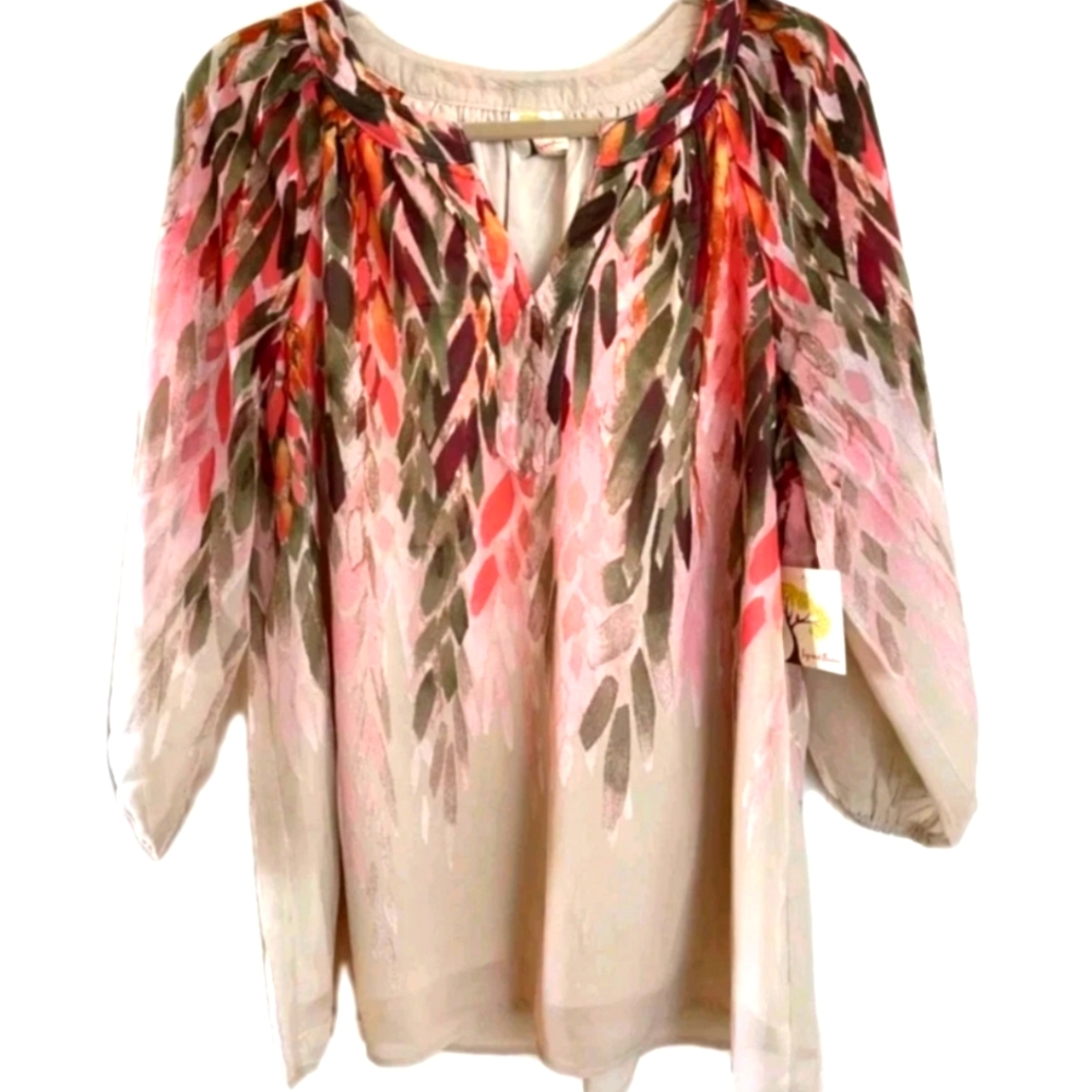 0802 Fig and Flower Cream Brown Print Sheer 3/4 Sleeve Blouse